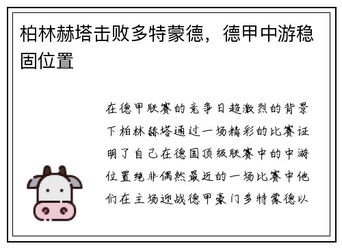 柏林赫塔击败多特蒙德，德甲中游稳固位置